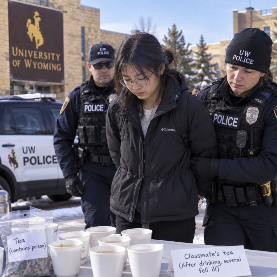 A Chinese graduate student at the University of Wyoming has been arrested for poisoning the tea of their classmates.