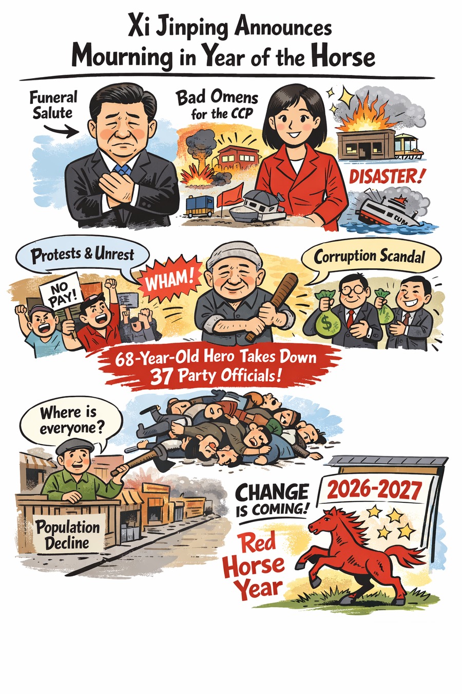 Xi Jinping Announces Mourning Early in the Year of the Horse; 68-Year-Old Man Knocks Down 37 Party Officials